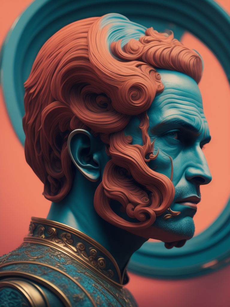 Human head on a pink colored background, in the style of dark cyan and light aquamarine, neoclassical sculptures, photo - realistic techniques, light cyan and orange, fluid photography, photo - realistic hyperbole, neoclassical figures, live eyes