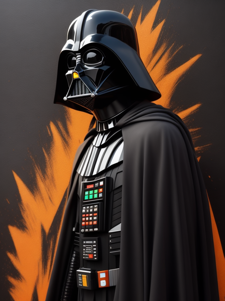Darth Vader spray painting wall with orange spray can.