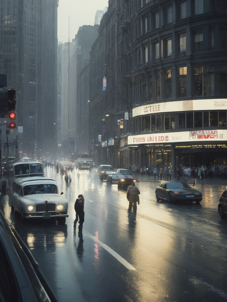 Dark city, rain, people who are in a hurry somewhere, america 1980, more traffic jams, realistic city, window background, booth that sell newspapers