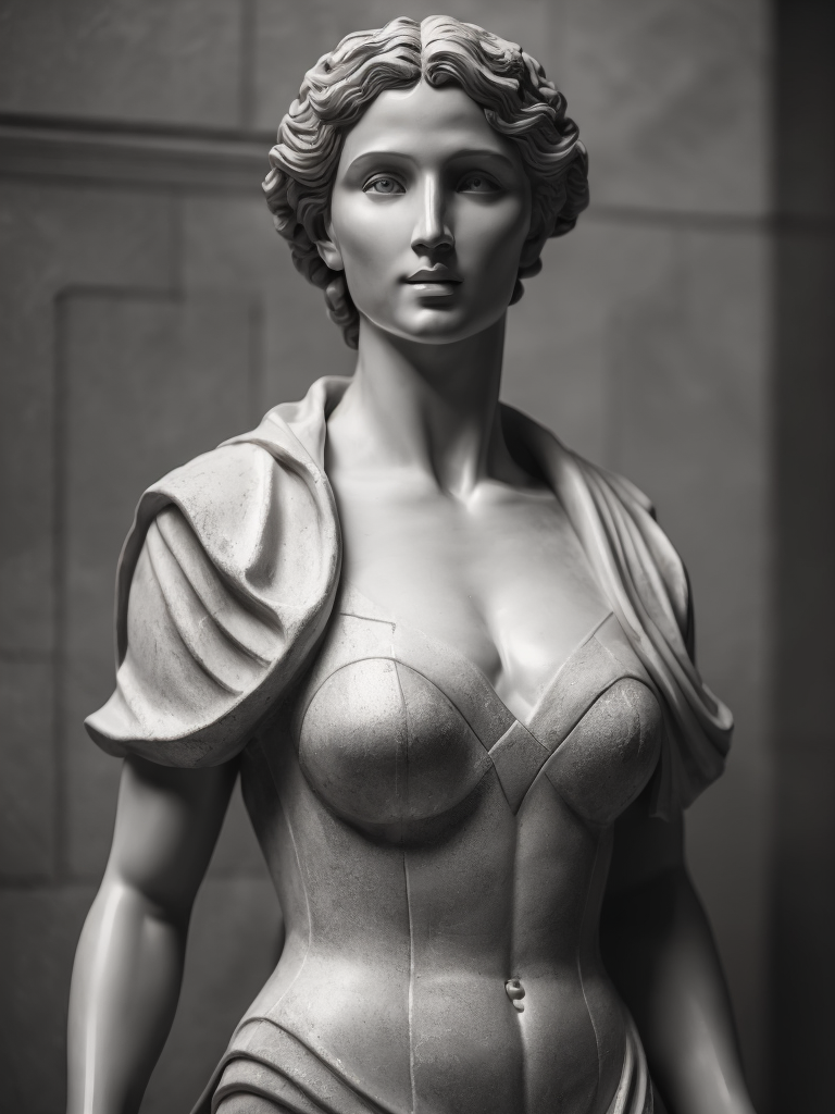 Roman statue of entire woman black and white made of marble