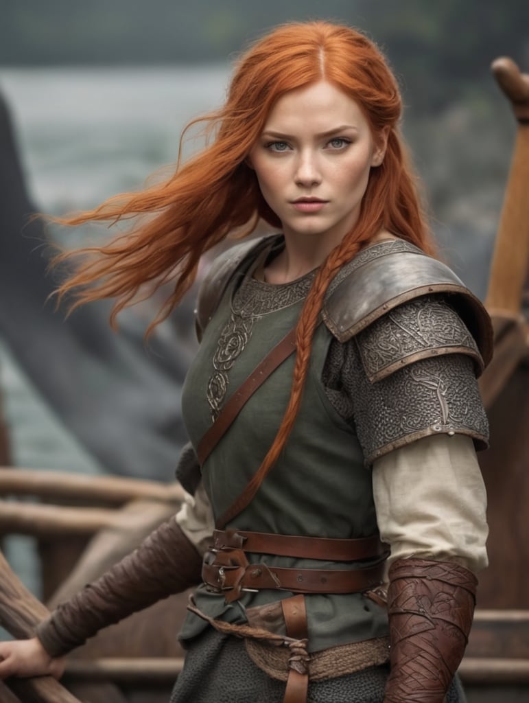 Valkirya warrior short red hair in a viking long ship