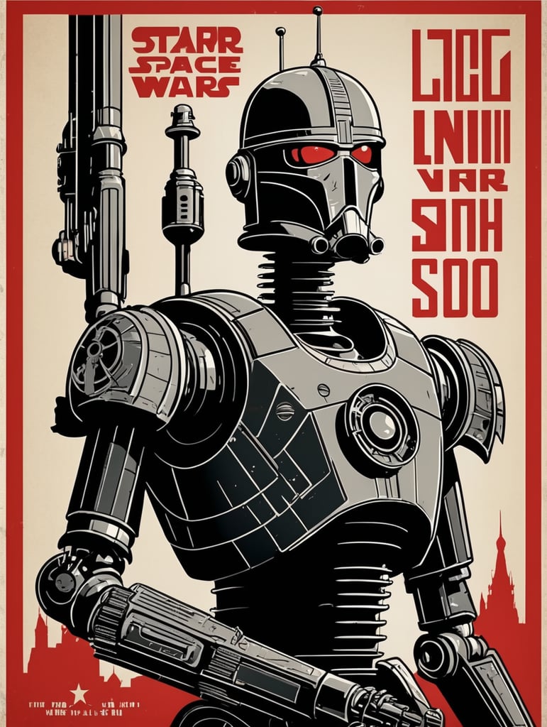 World War 2 Russian propaganda poster Star Wars IG-88 IG-11 K-2SO space battle thick lines bold dark lines vintage artwork