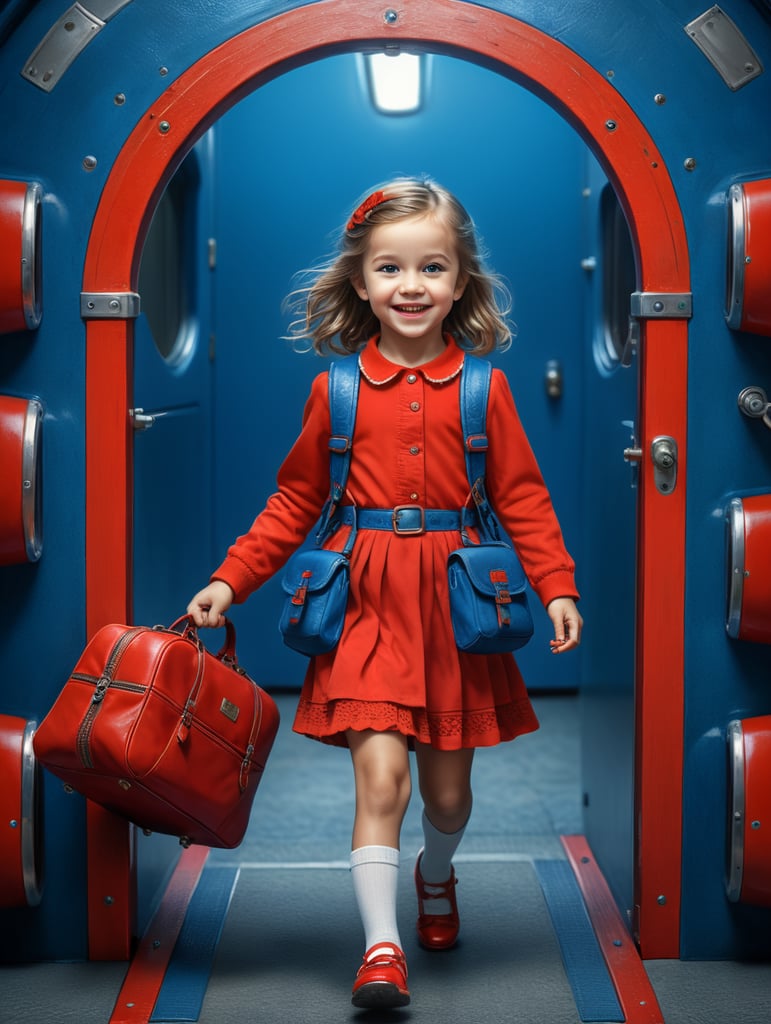 photo happy little girl going to travel, cute girl, dressed in all red, blue background, harpers bizarre, cover, headshot, hyper realistic