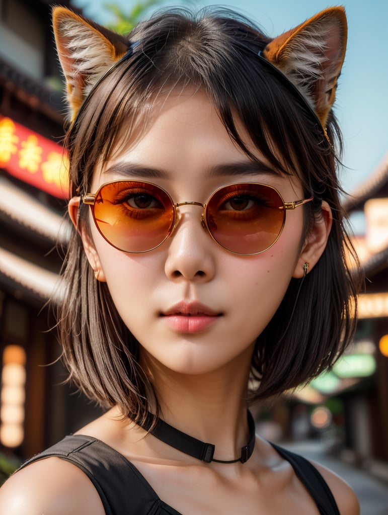 Premium AI Image, modern anime character of Chinese girl AI generated, neon, sunglasses, small cat, lizard