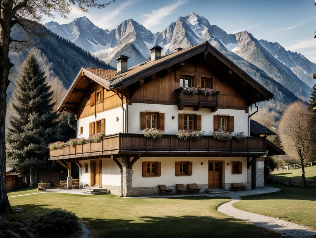 Watercolour sketch of a mountain Austrian chalet