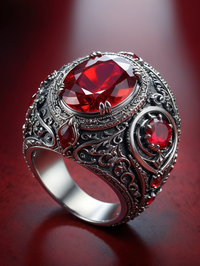 Royal silver ring with ruby, fantasy style, bright red background, rich colors, contrasting light, deep colors, high details