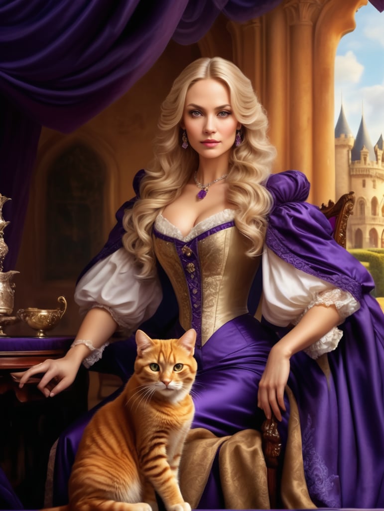 Detailed close-up portrait, front view, portrait of a beautiful powerful 40-year-old woman in the image of an elegant aristocrat in a luxurious purple Victorian clothes, in the background a Victorian countryside with a castle, surrounded by cats on lap and table, high detail, high contrast and clarity, octane rendering, book cover, concept art, artistic, 8k, photography, photorealism, dramatic, romantic, gothic, epic, cinematic lighting