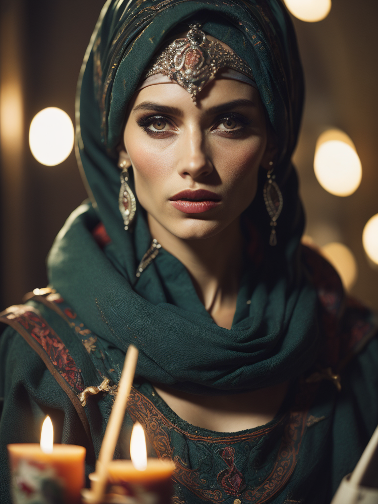 Portrait of a traditional gypsy woman wearing traditional costume with a green scarf on her head, in front of a table with a deck of cards and candles. Bright, saturated colors, elegant, highly detailed, fashion, fashion magazine, sharp focus, bright expressive makeup, dramatic lighting, shallow depth of field, incredibly high detailed blurred background, professional digital painting, concept art