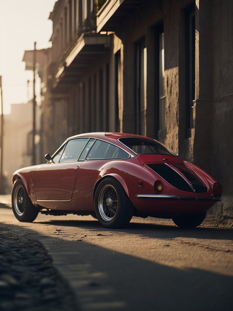 beautiful old red sport car like ferrari at sunset volumetric light, detailed, sharp focus, highly detailed, on bbs