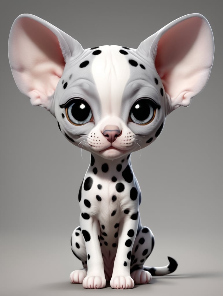 cute, hybrid Sphynx x dalmatian, full view, chibi style, disney style, cartoon style, pixar style, gray background, spotted