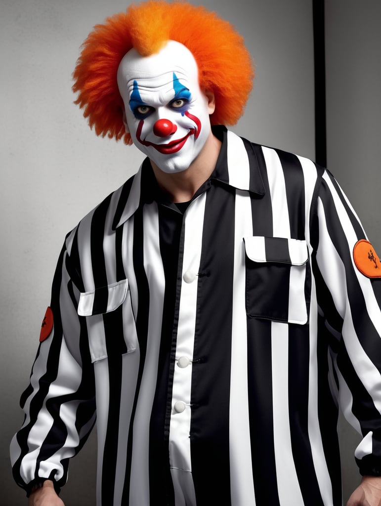 clown in a black and white stripes prison jumpsuit uniform