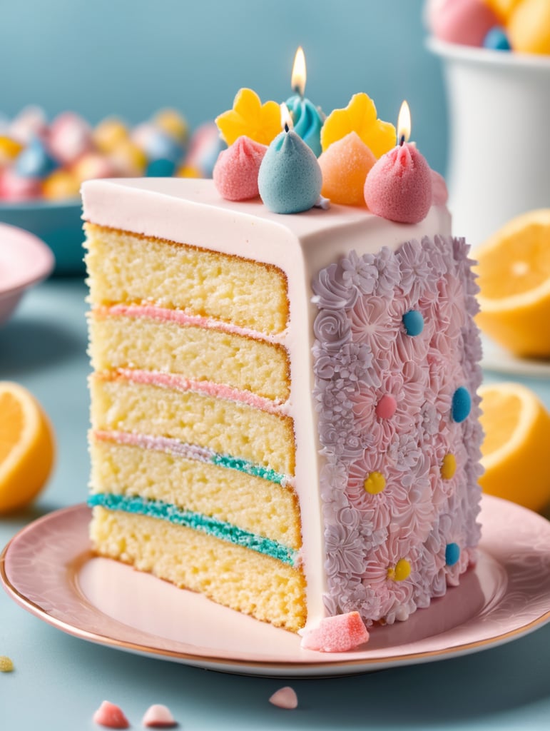 A slice of a delicious, frosted birthday cake with a decorative design