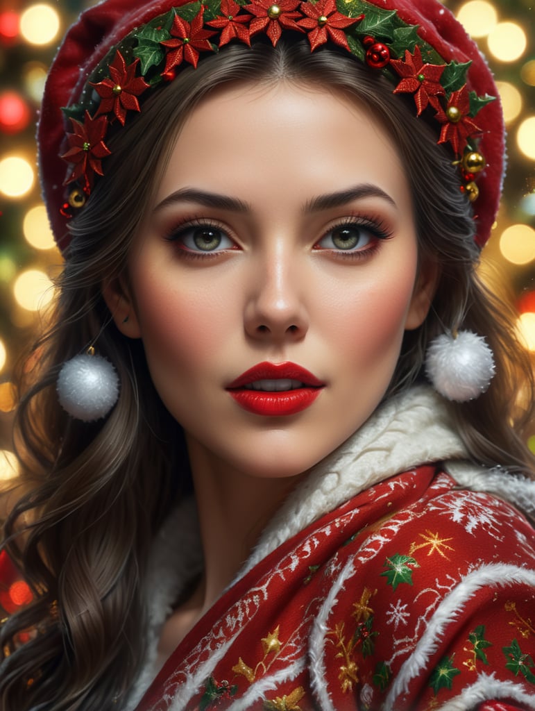 beautiful woman wearing Christmas clothes with Christmas background