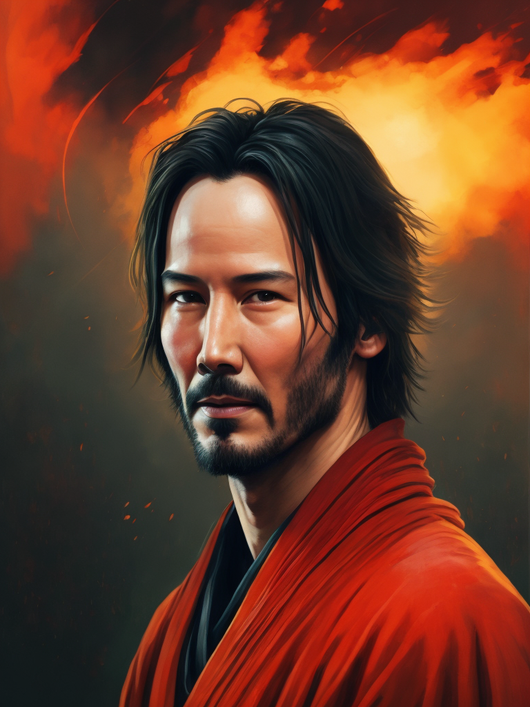 Portrait of Keanu Reeves as a samurai in a red kimono, serious look, detailed background in an oriental style, bright saturated colors