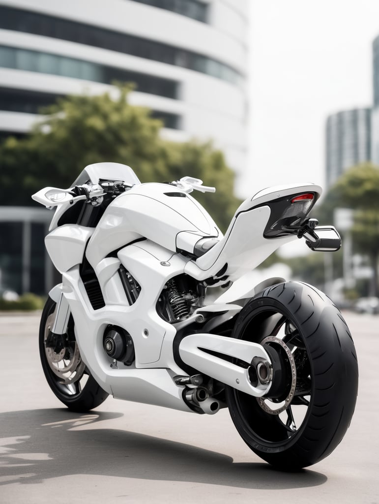 Futuristic white motorbike, low angle view, isolated, white background, mockup