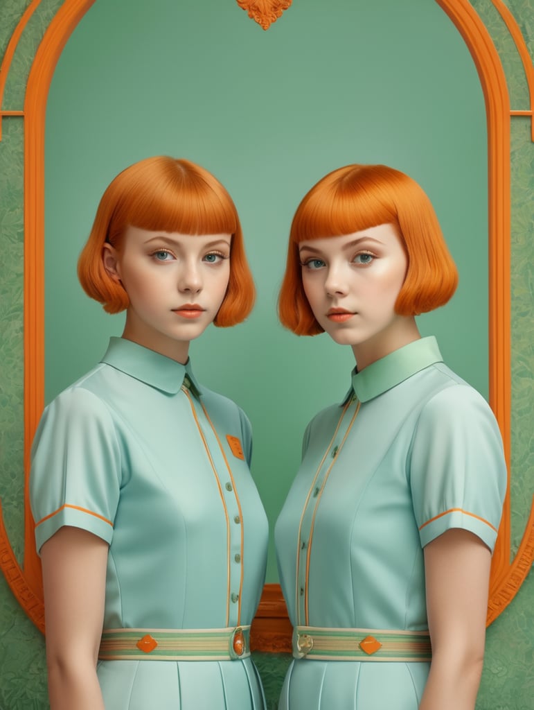Vintage portrait of two young girls with short orange hair standing next to eachother, Wes Anderson style, frontal view, symmetry, Incredibly high detail, light blue, green, Bright colors