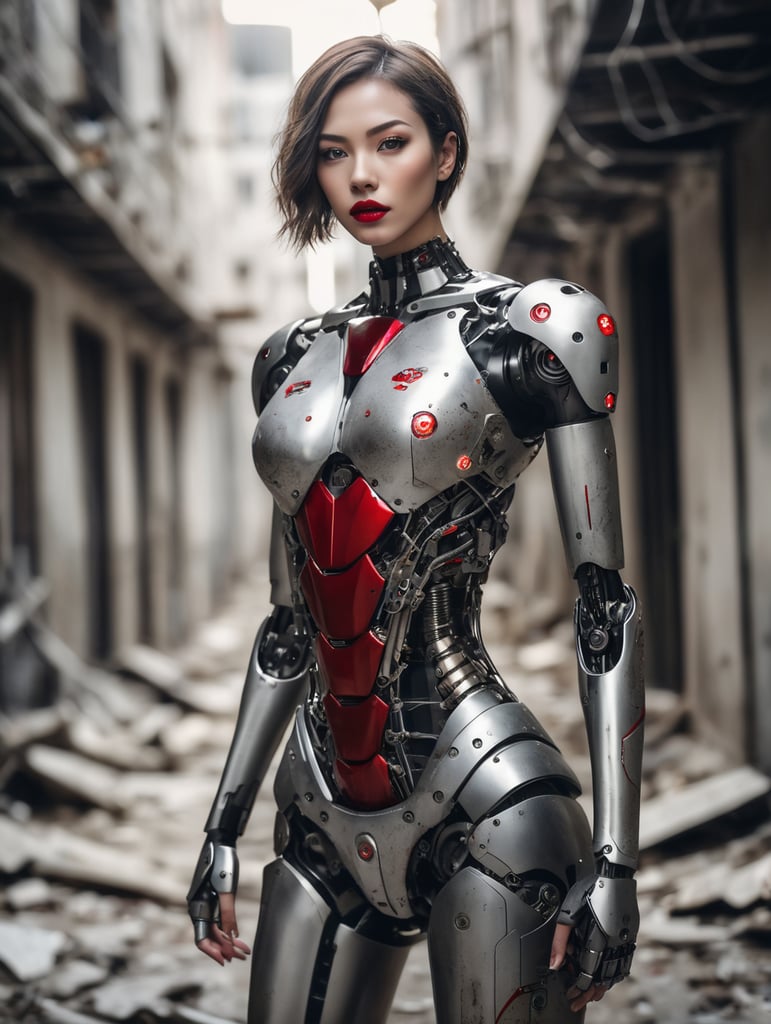 A photo of a slender female cyborg with red lips, standing in an abandoned alley, ready to fight, with wide hips and a skinny frame, while flirting with the camera. (robot:1.3), debris, blurry, reflective metal, from above, short hair