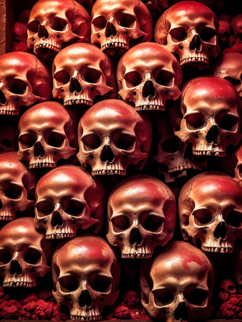 A pile of skulls in the underground tombs in a red hue, highly detailed, depth of field