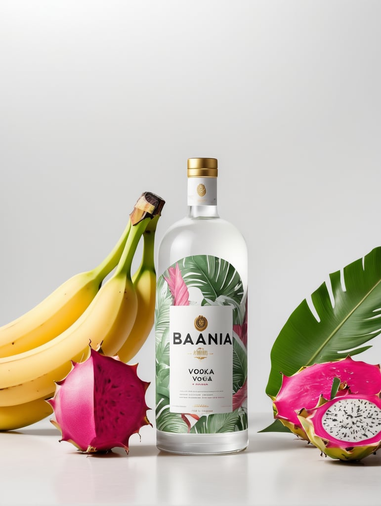 Packaging and branding for a banana vodka brand as if it had been designed by HI ESTUDIO with In a set design with banana, dragon fruit and dry banana leaves.