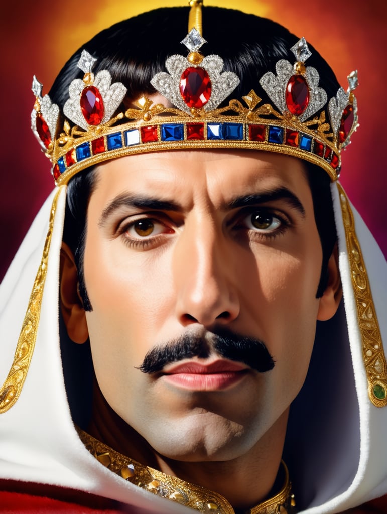 Portrait of Freddie Mercury wearing the Queen's crown, royal mantle, Vivid saturated colors, Contrast light, studio photo, professional photo, Detailed image, detailed face