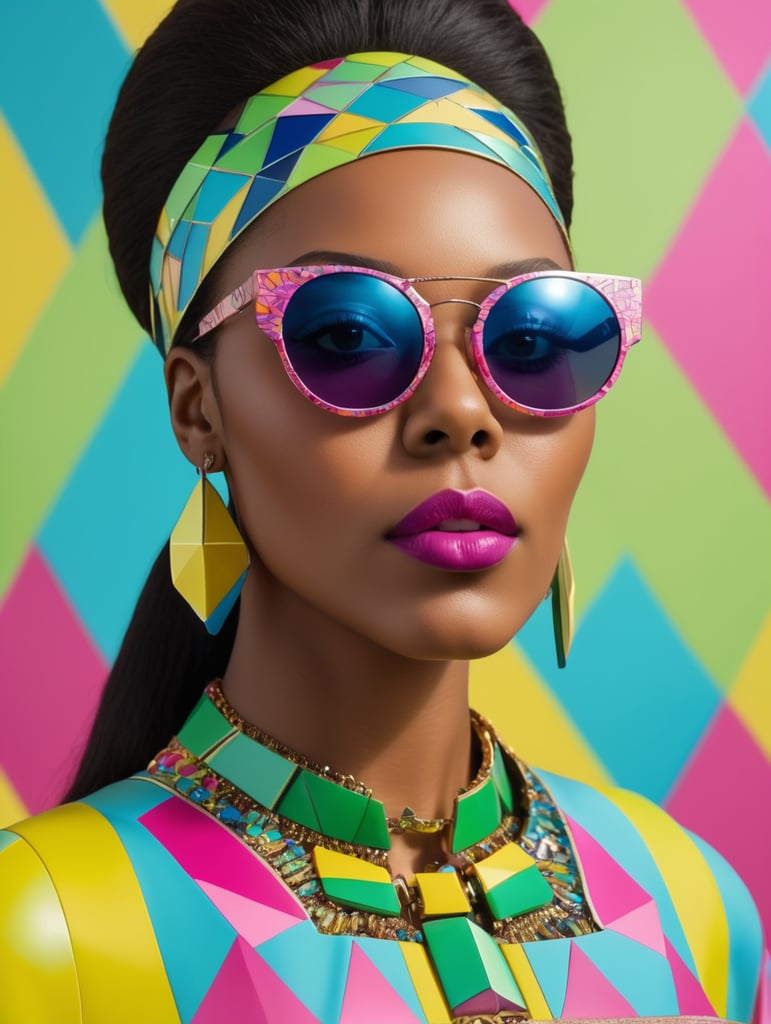 Close up from a black woman is in a colorful geometric outfit with sunglasses, in the style of cut and paste,inspired, eye-catching resin jewelry, hyper-realistic pop, light magenta and yellow, folkloric themes, light green and blue. Her location is in Aberobello in italy .she dressed in geometric patterns.Nikon 35mm, gran format, 50mm lenses, ISO 3000, photo realistic, F22, 32K --ar 9:16