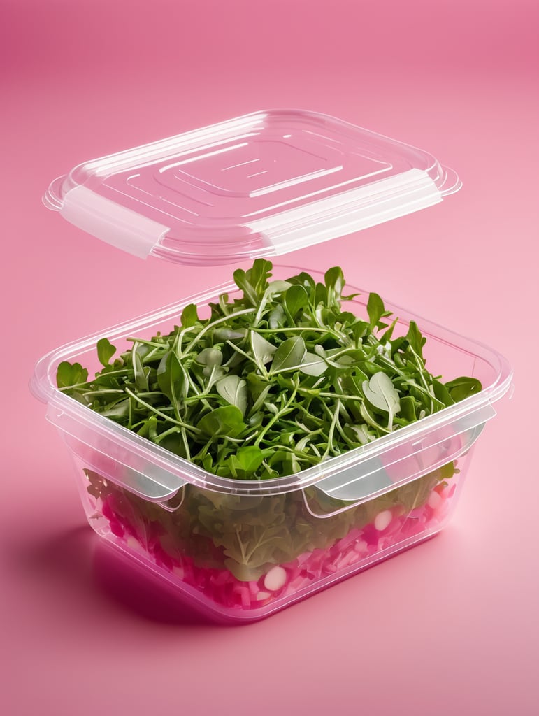 blank Transparent Plastic Container with Arugula Salad, isolated, pink background, Mockup, mock up