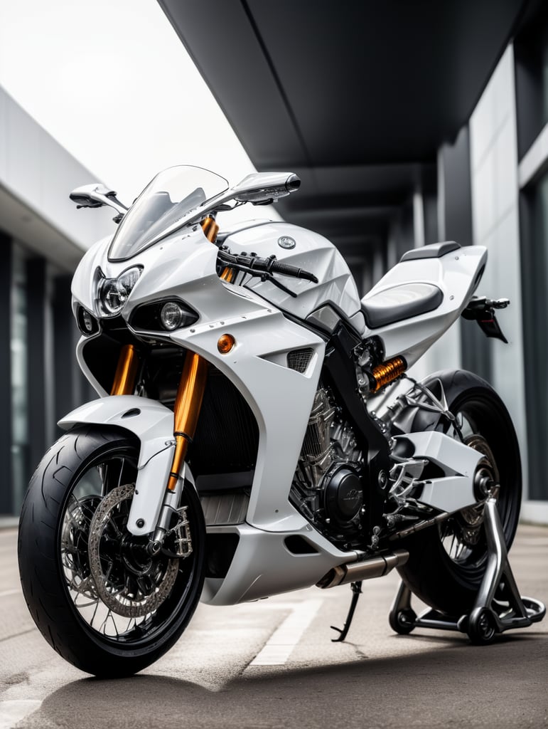 Futuristic white motorbike, low angle view, isolated, white background, mockup