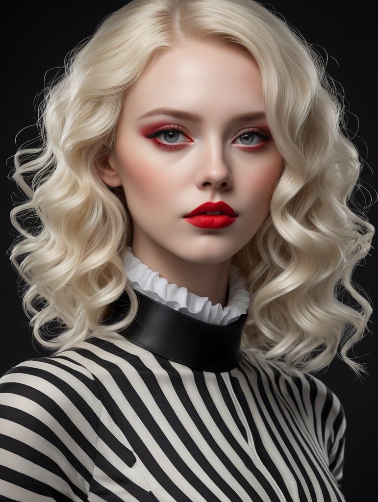 Pale-skinned girl model, wearing a black and white striped dress with a high collar, contrast lighting, Bright red make-up, Black and white curly long hair, fashion model, magazine cover, professional shot, black background