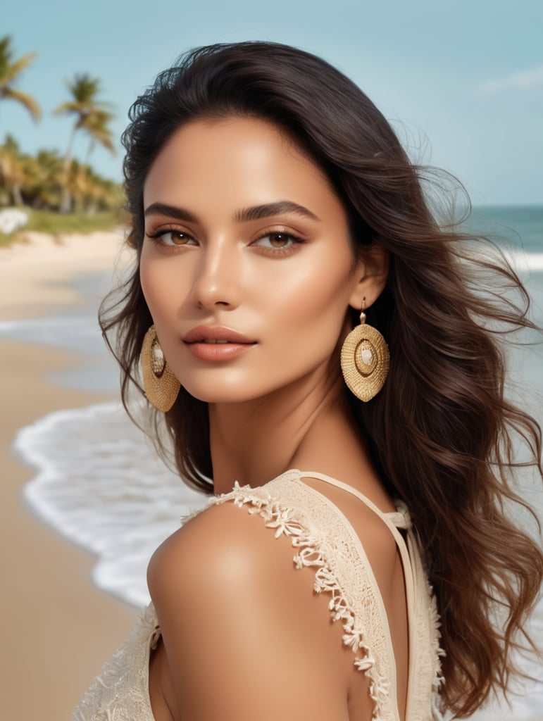 Portrait of beautiful latin fashion model, dreamy, photoshoot by annie leibovitz, editorial fashion magazine photoshoot, fashion poses, in front of beach a soft smile