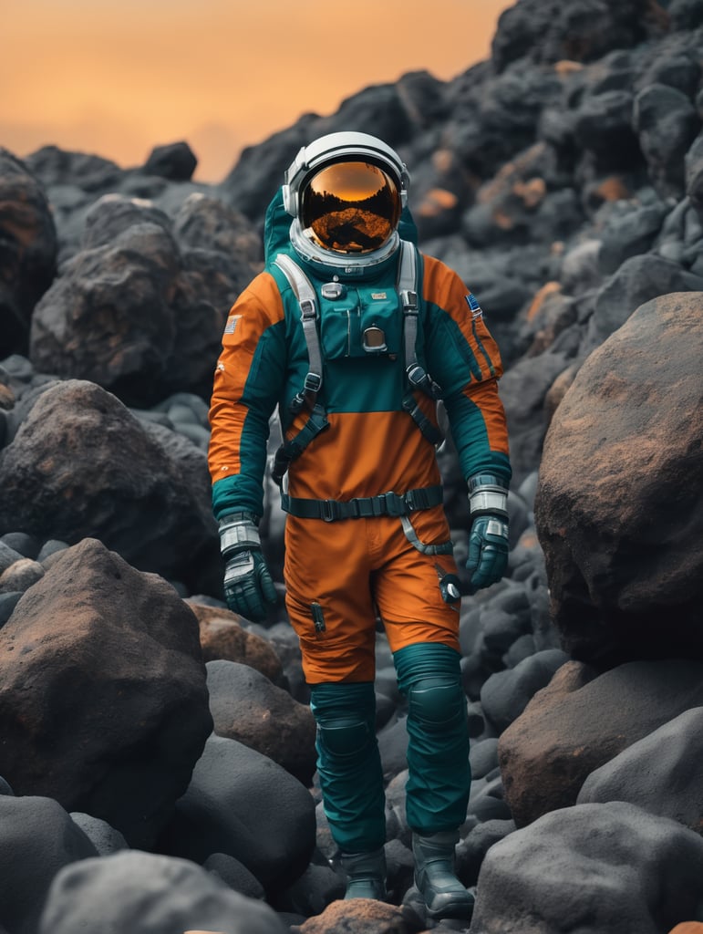 An astronaut among the volcanic rocks, cold weather, dark teal and amber, Sony A7 IV
