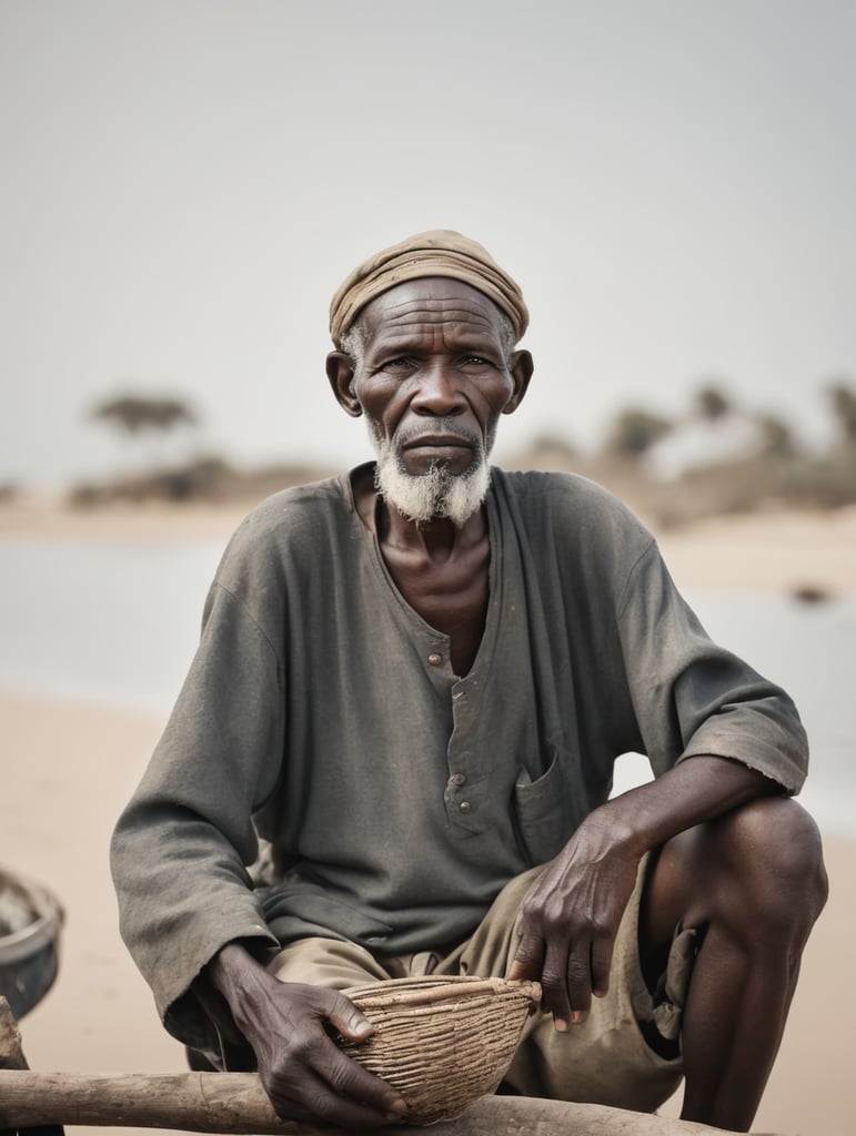An old and poor African fisherman