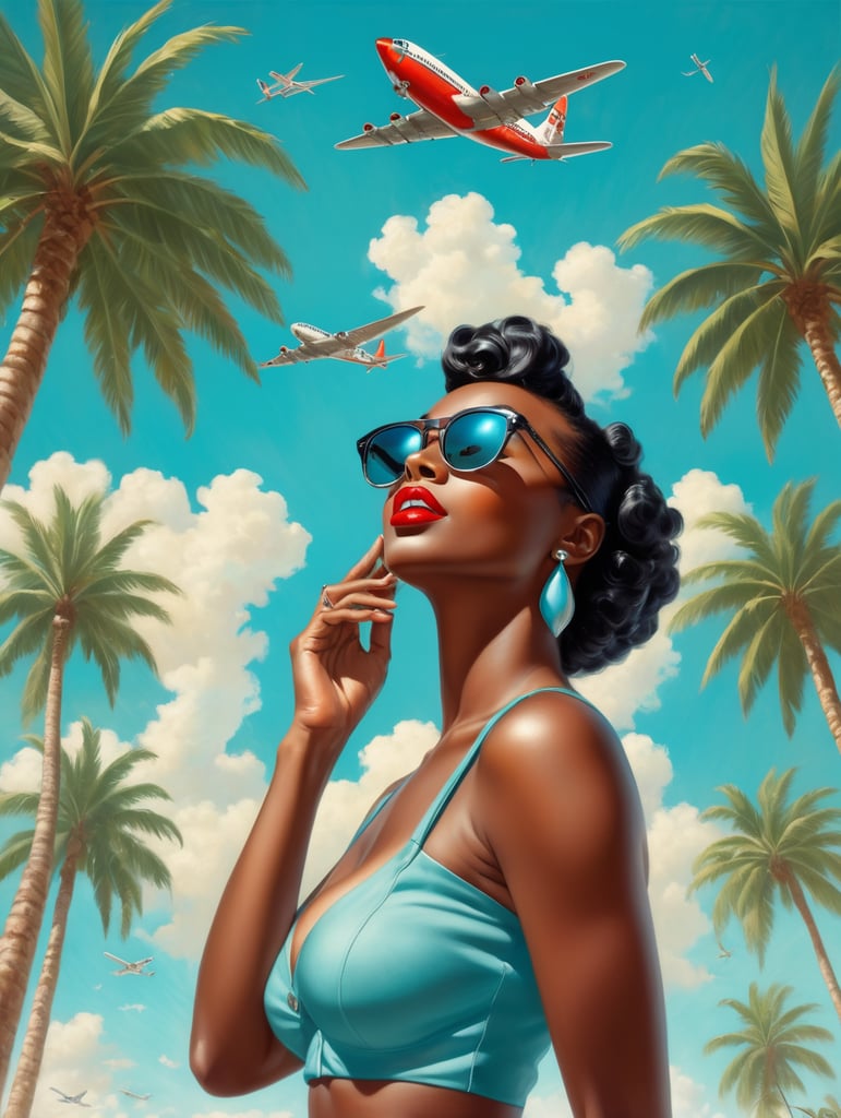 Pin up art, portrait, a black man raised his head up, looks at the sky, sunglasses, one airplane flies in a clear sky and leaves a mark, summer, palms around, palms reflected on a sunglasses, turquoise shades, style by Gil Elvgren