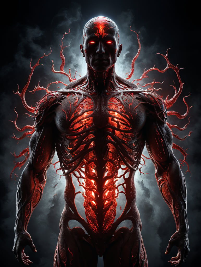 human body silhouette focusing on the vital energy of the head and stomach region, dark background and bright body, energy points in red