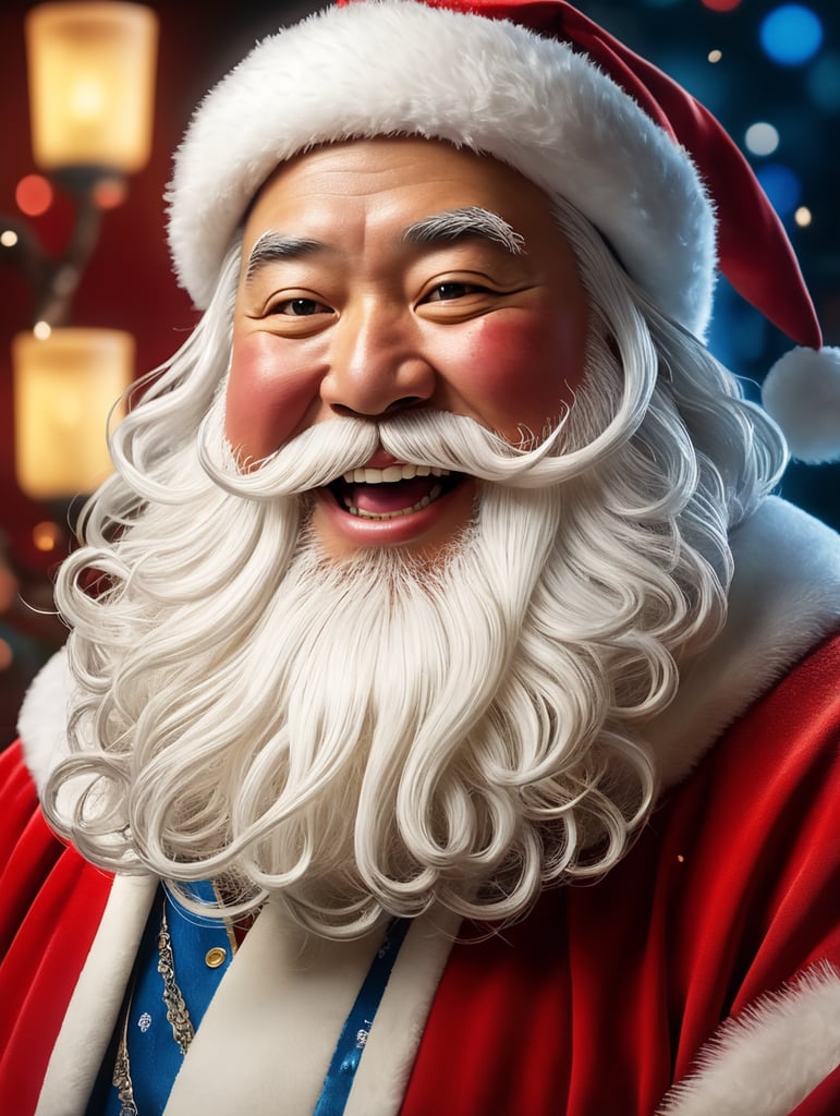 Portrait of a Japanese fat Santa Claus smiling, whimsical facial expression, flowing white beard, jolly caricature, saturated colors, red outfit, sharp focus, portrait photography, depth of field, dramatic candlelit lighting, incredibly high detailed, blue background, blurred background,