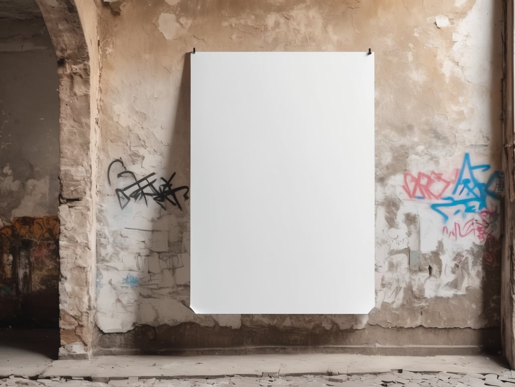 a white blank poster hangs on an old shabby wall with graffiti, the corner of the poster is bent, people are blurred, daylight, mockup, mock up