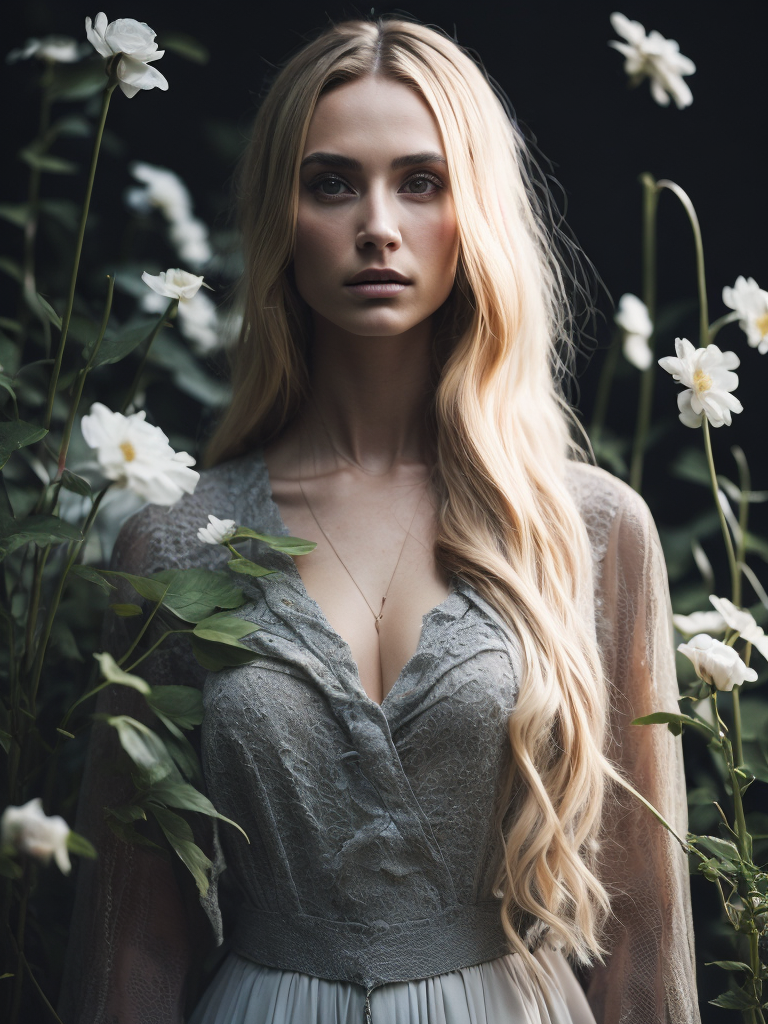 A beautiful woman model with blonde hair. She is standing tall. She is dressed in a long light-colored dress adorned with various delicate and light-colored flowers.