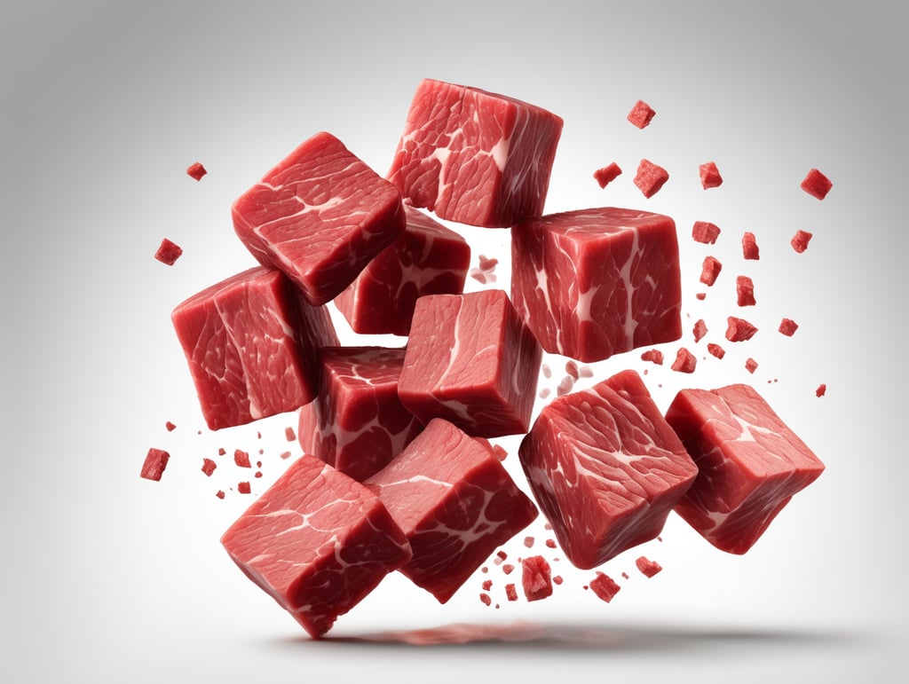 Falling meat beef cubes isolated on transparent or white background