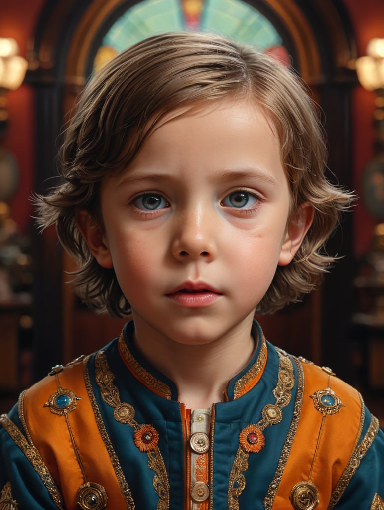 Portrait of a child, three quarters lenght, Wes Anderson style background, bright colors, very detialed