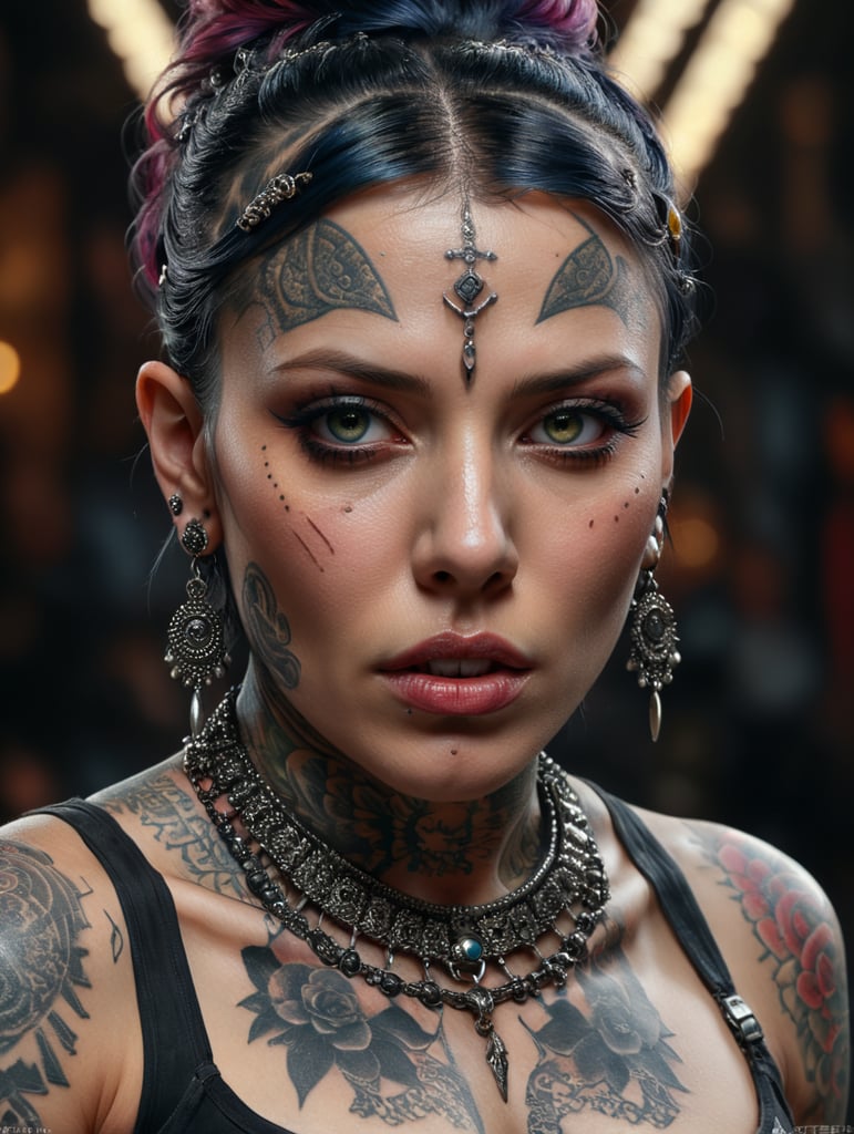 Hyper detailed portrait of a woman with a lot of piercing and tattoo in the face