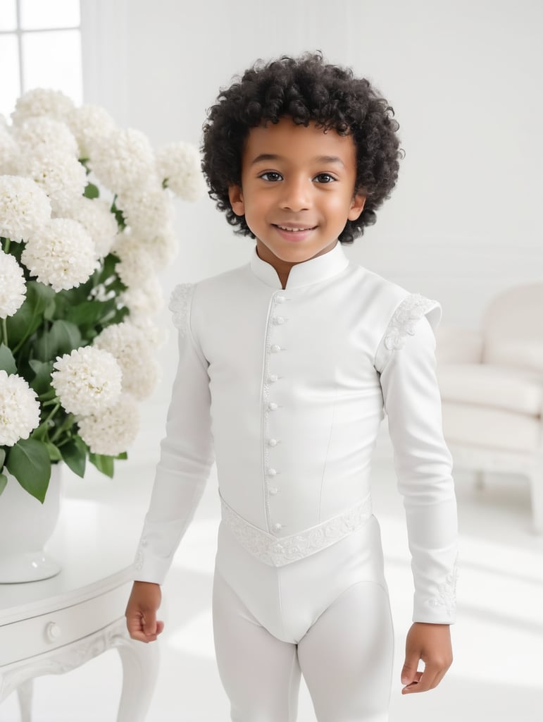 wide angle, selfie shot, closeup portrait black curly boy in white costume, white room, white furniture, white flowers