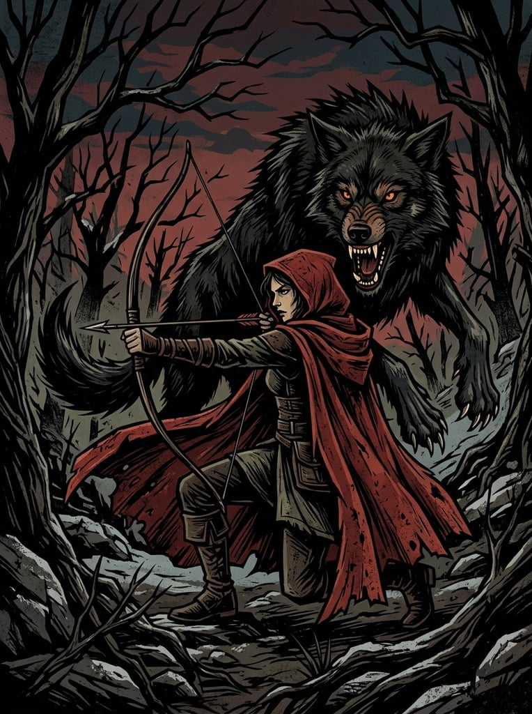 A stylized graphic illustration of a woman in a red hooded cloak aiming a bow and arrow while a massive, snarling black wolf with jagged claws looms behind her. Set in an ominous forest of bare red and black trees, the high-contrast artwork features sharp angular lines, distressed textures, and a limited palette of black, deep red, and muted olive green.