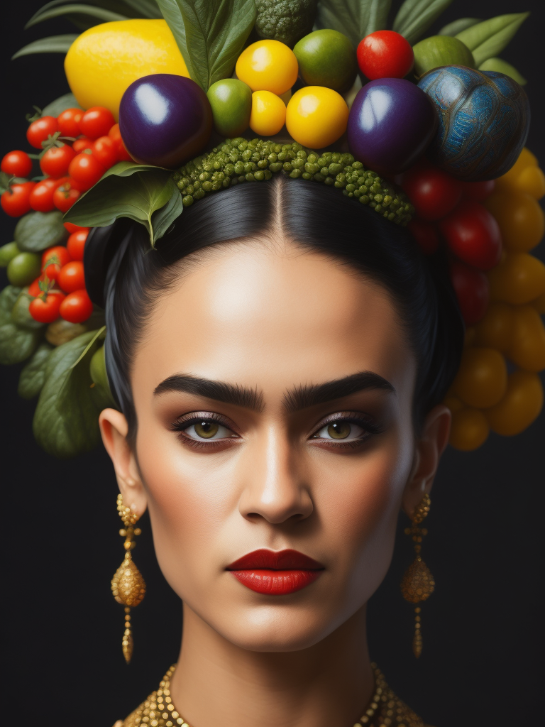 Portrait of Frida Kahlo,Headdress made of fine, fresh and small vegetables and herbs, bright and saturated colors, elegant, highly detailed, vogue, fashion magazine, sharp focus, bright expressive makeup, dramatic lighting, depth of field, incredibly high detailed, blurred background.