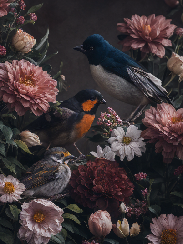 flowers and birds, deep color, sharp on details, vibrance 20, saturation 20