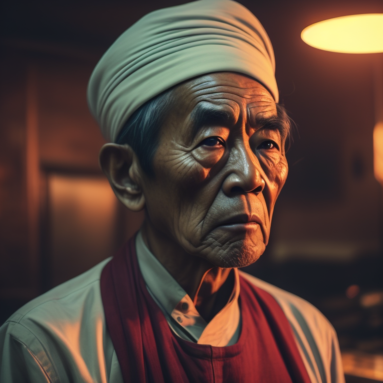 portrait of an Asian man 80 years old, Asian mafia, tattoo on a neck, angry face,