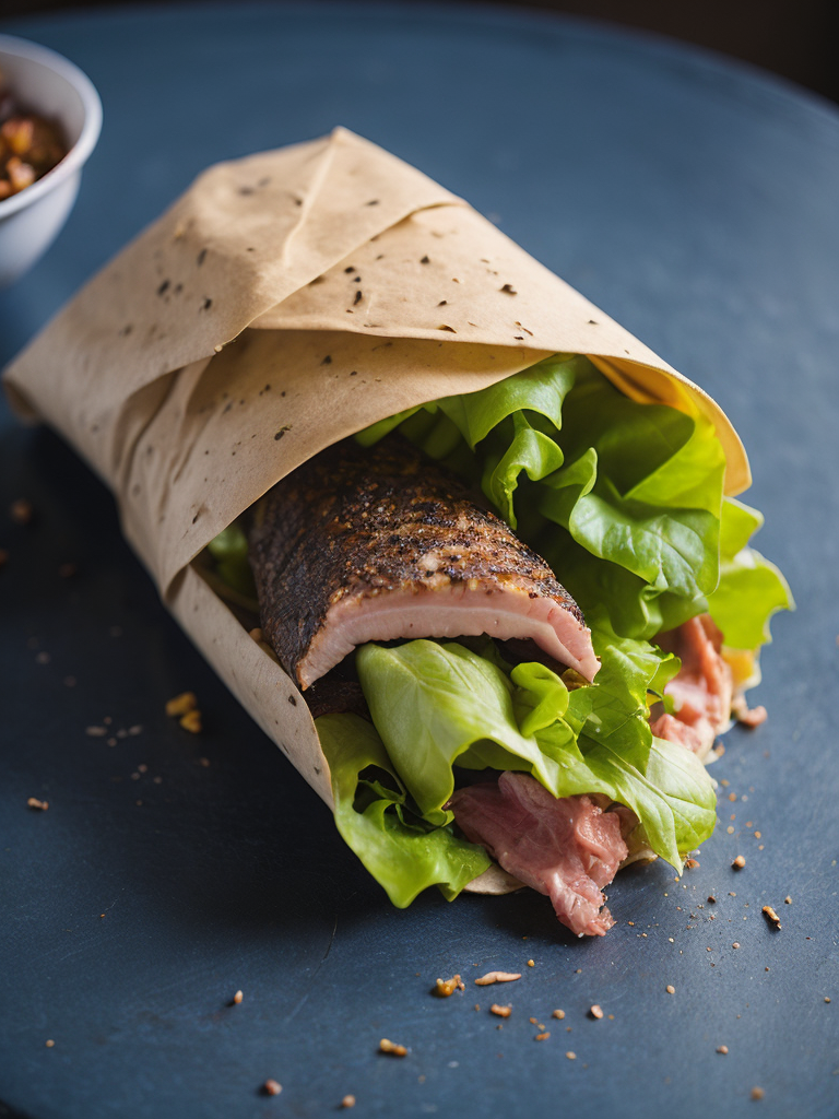 Sandwich wrap with tuna fish, lettuce and cucumber, on a wooden blue table