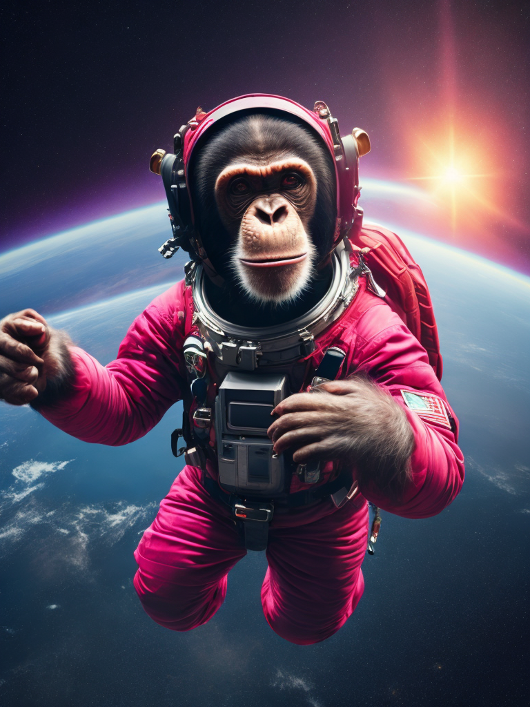 A chimpanzee going to space, wearing pink color astronaut suit, Vivid saturated colors, Contrast light, studio photo, professional photo, Detailed image, detailed face