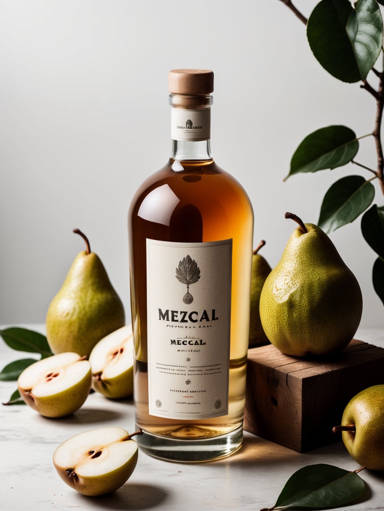 Packaging and branding for a mezcal brand as if it had been designed by HI ESTUDIO with In a set design with bricks, pears and dry leaves.