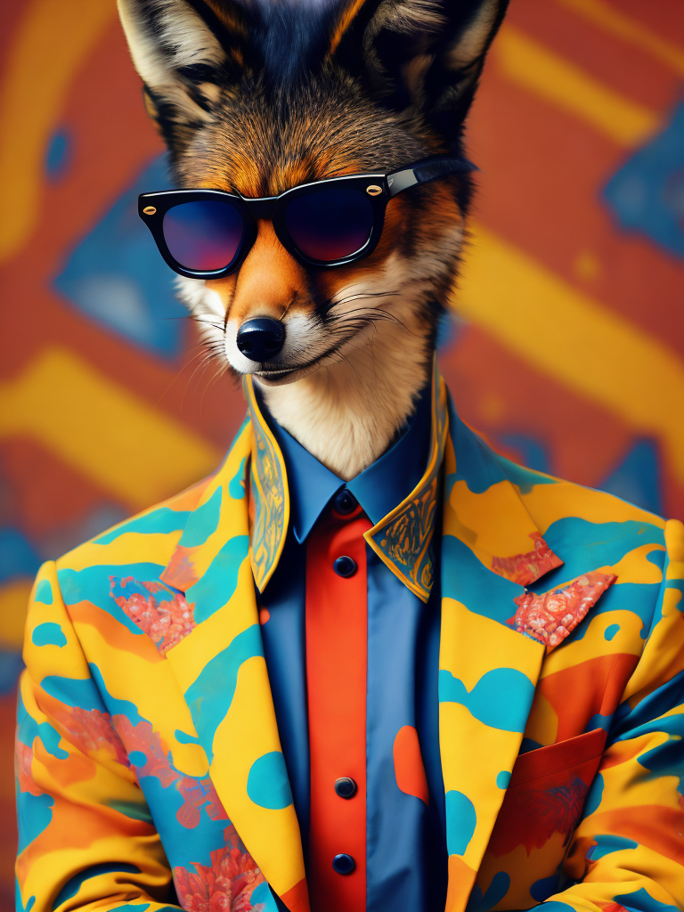 A fox wearing a brightly patterned jacket and wayfarer glasses, Vivid saturated colors, Contrast color