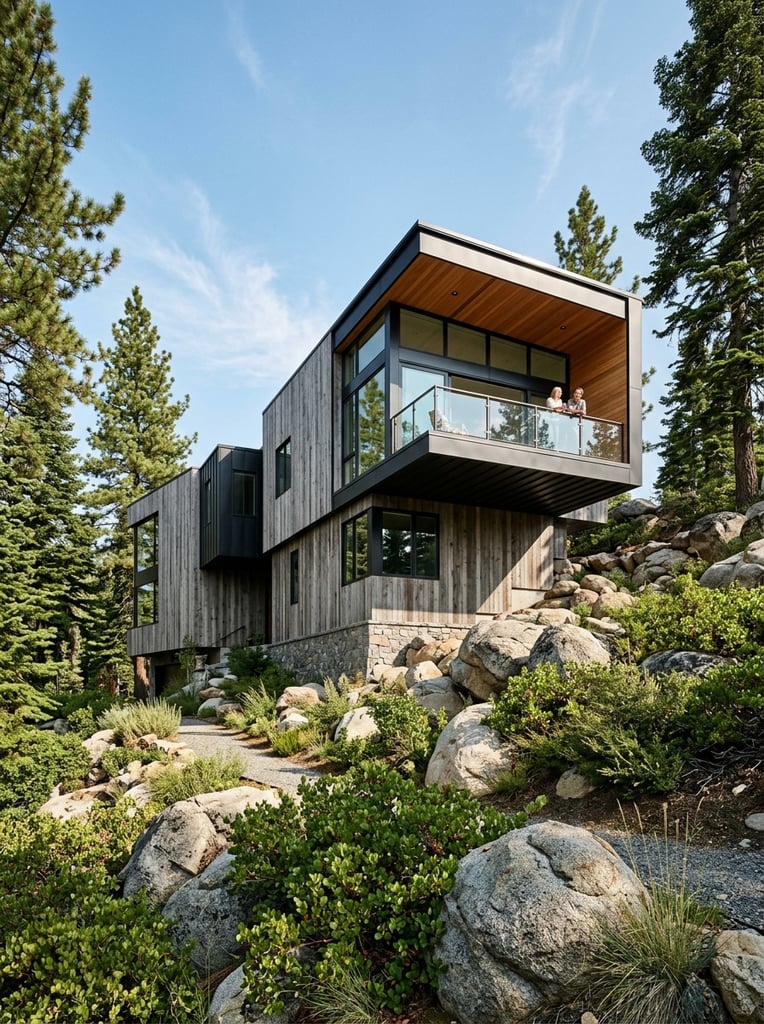 A modern geometric house clad in weathered gray timber rests on a steep hillside composed of large rounded boulders and green shrubs. The structure features a cantilevered upper volume with a glass balcony, warm wood soffits, and floor-to-ceiling windows. Tall coniferous trees frame the building under a clear blue sky. Low-angle daylight architectural photography captures crisp shadows.