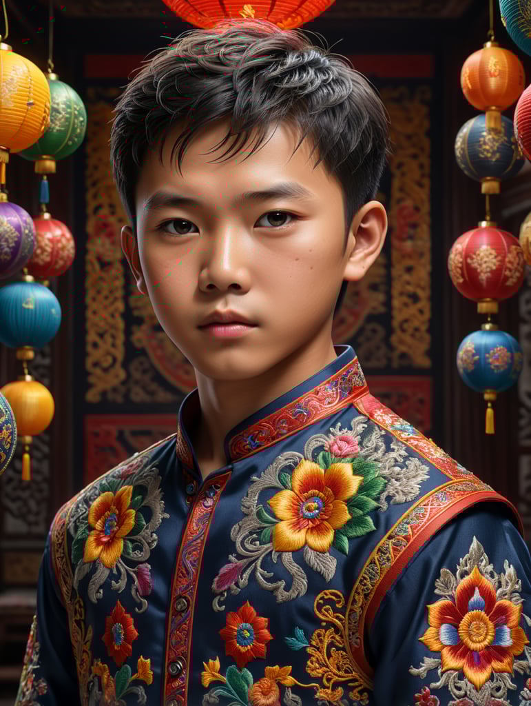 A young Chinese boy stands proudly in his traditional embroidered shirt, surrounded by vibrant colors and intricate patterns. The 8K Ultra HD resolution captures every detail of his outfit, from the delicate stitching to the rich textures. With the use of octane render, this 3D image comes to life in a stunning isometric view.